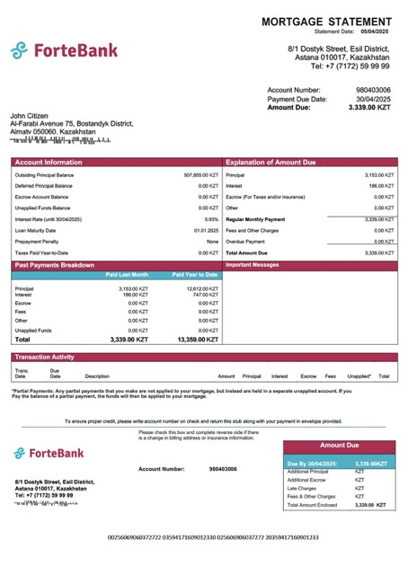 Download Kazakhstan ForteBank mortgage statement Word and PDF template Photoshop template